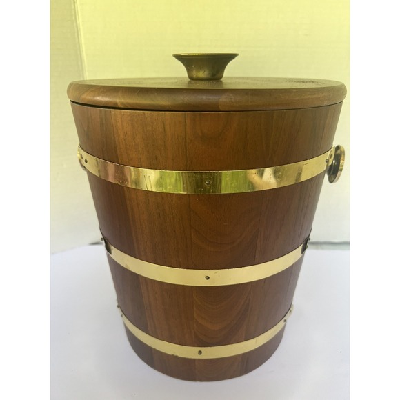 Ice Bucket Walnut Wood Vermillion Brass Vintage‎ liner bucket  MCM - Picture 11 of 12